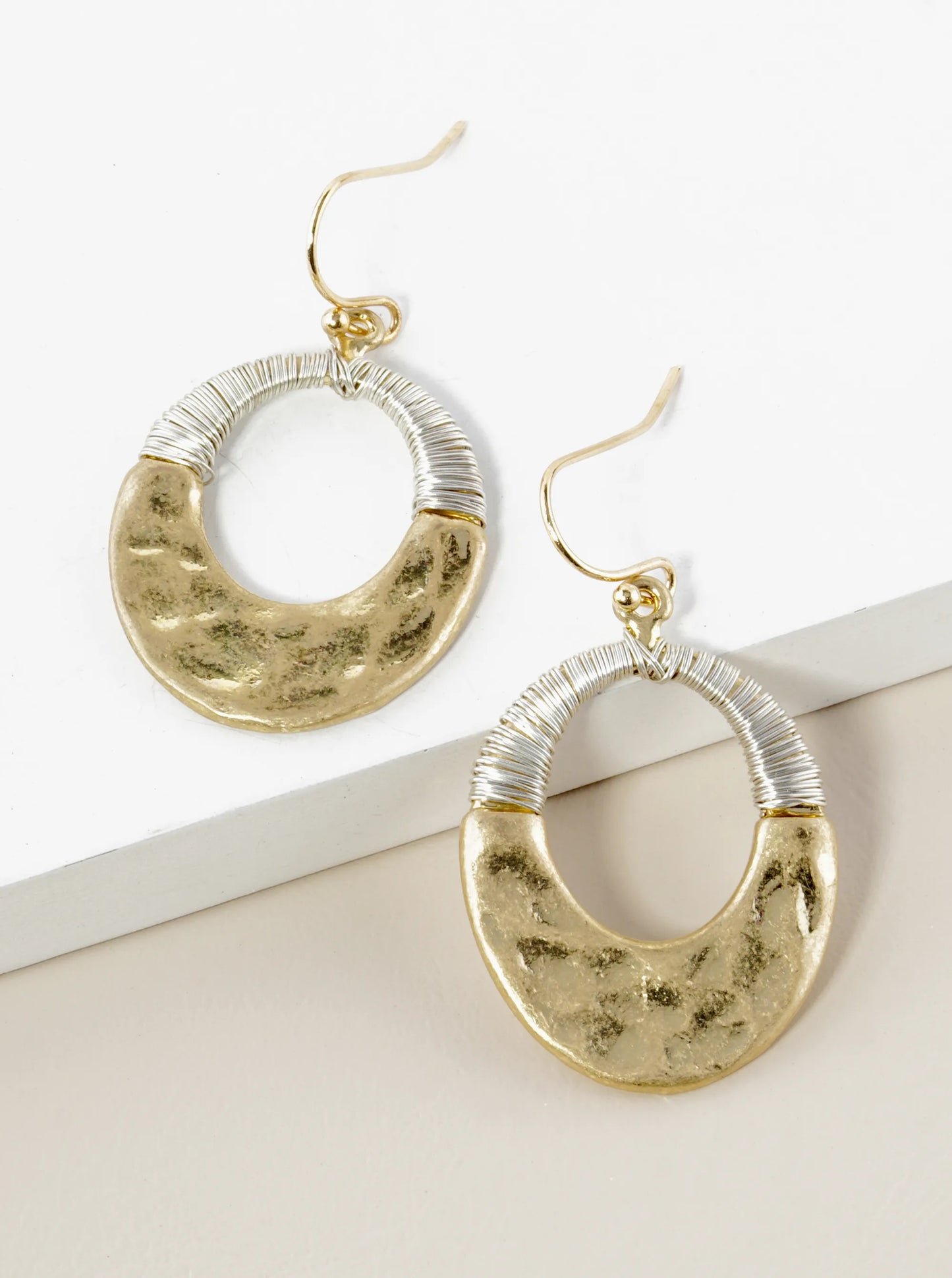 Two-Tone Wire Wrapped Hammered Oval Drop Earrings