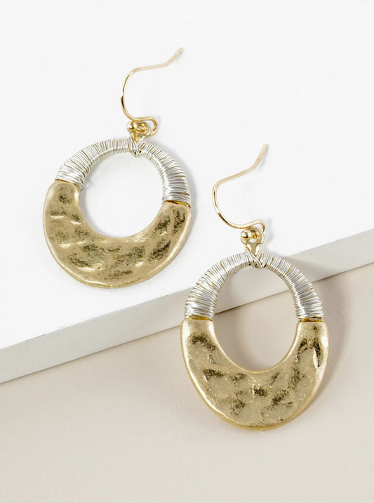 Two-Tone Wire Wrapped Hammered Oval Drop Earrings