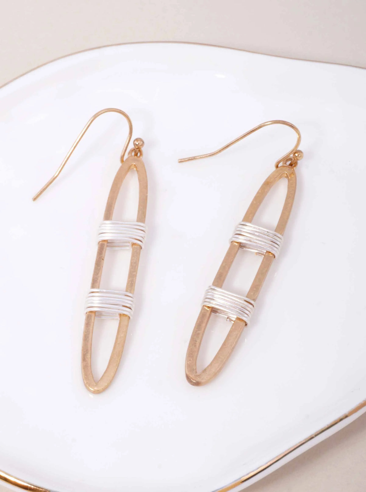 Two-Tone Wire Wrapped Oval Matte Hook Earrings