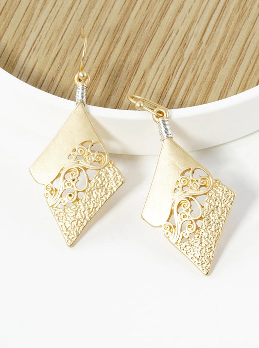 Two-Tone Wired Filigree Rhombus Shape Dangle Drop Earrings