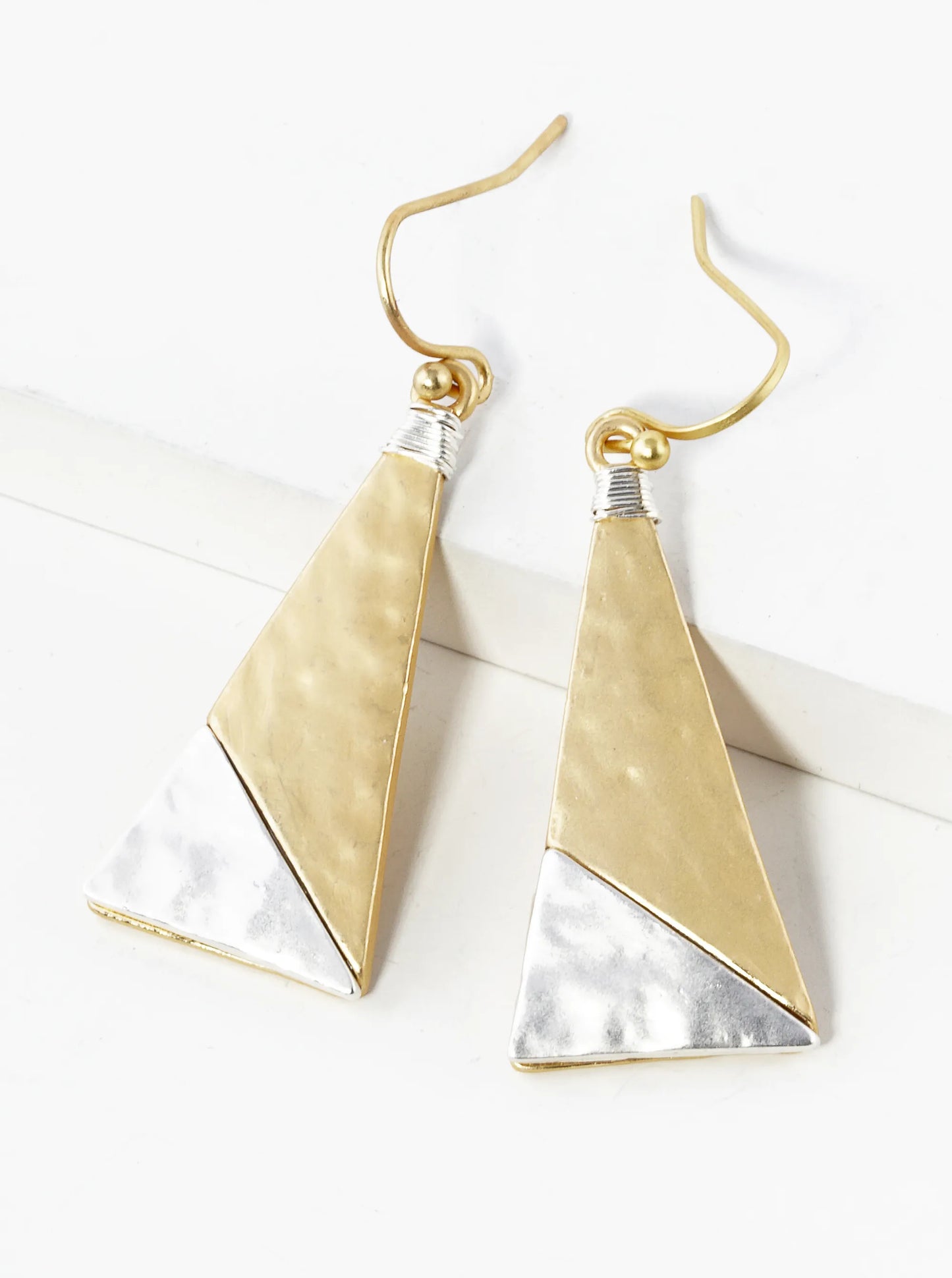 Two-Tone Wired Hammered Metal Geometric Triangle Dangle Drop Earrings