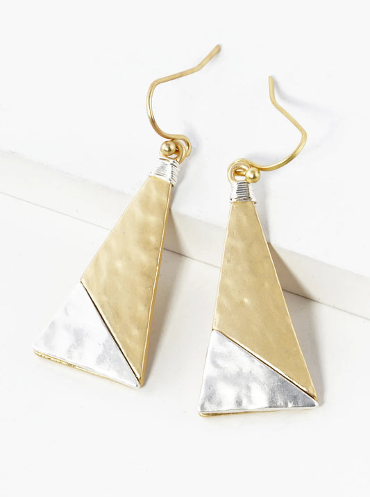 Two-Tone Wired Hammered Metal Geometric Triangle Dangle Drop Earrings