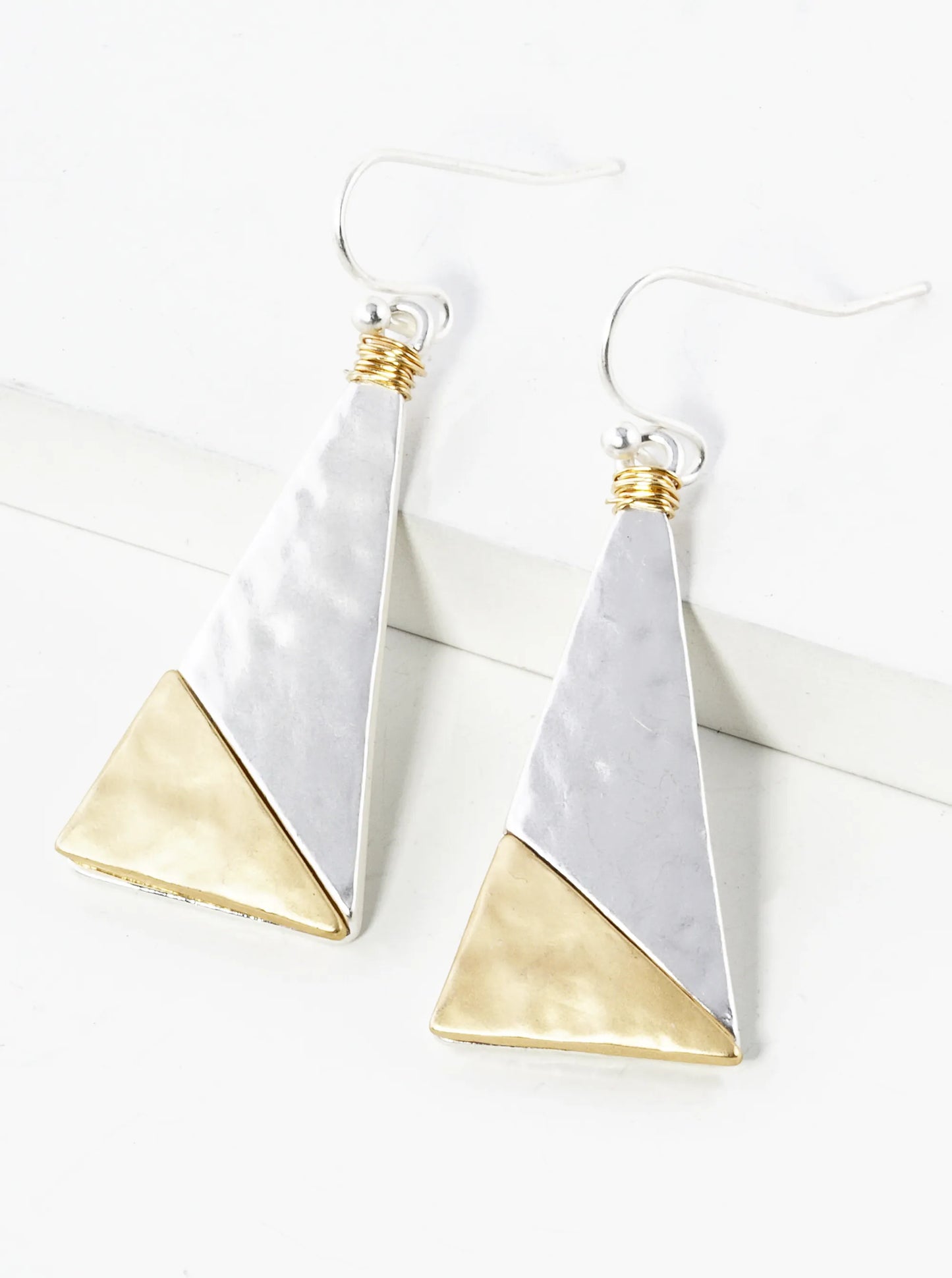 Two-Tone Wired Hammered Metal Geometric Triangle Dangle Drop Earrings