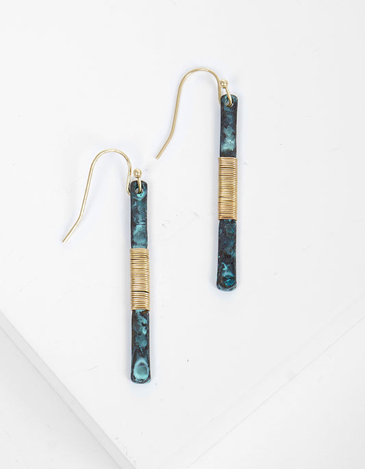 Two-tone Wire Wrapped Hammered Vertical Bar Dangle Drop Earrings