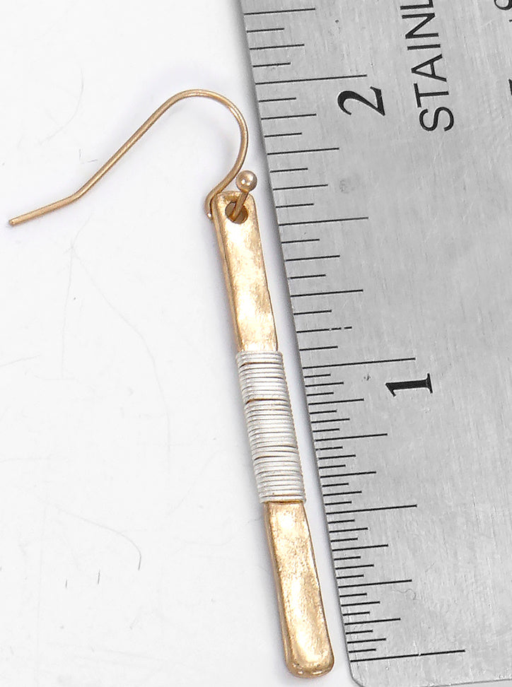 Two-tone Wire Wrapped Hammered Vertical Bar Dangle Drop Earrings
