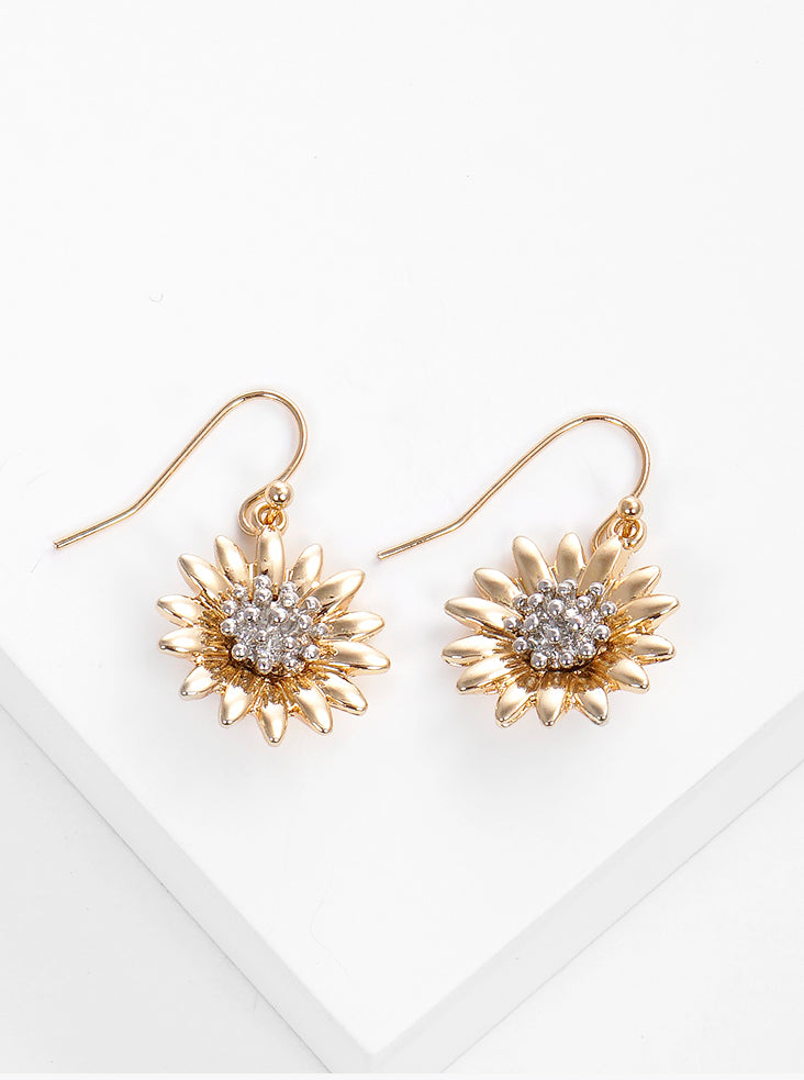 Two Tone Metal Floral Flower Dangle Drop Earrings