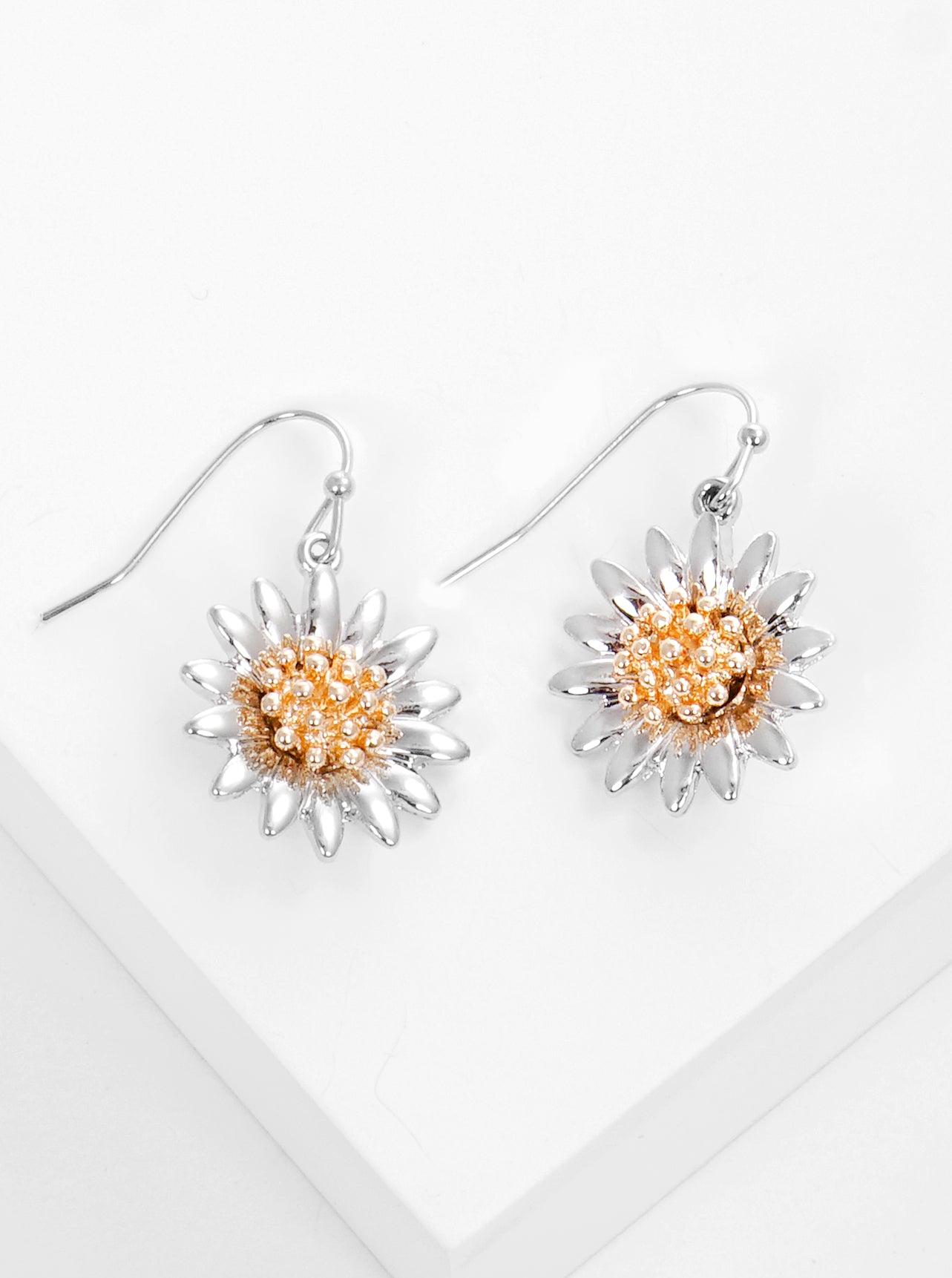 Two Tone Metal Floral Flower Dangle Drop Earrings