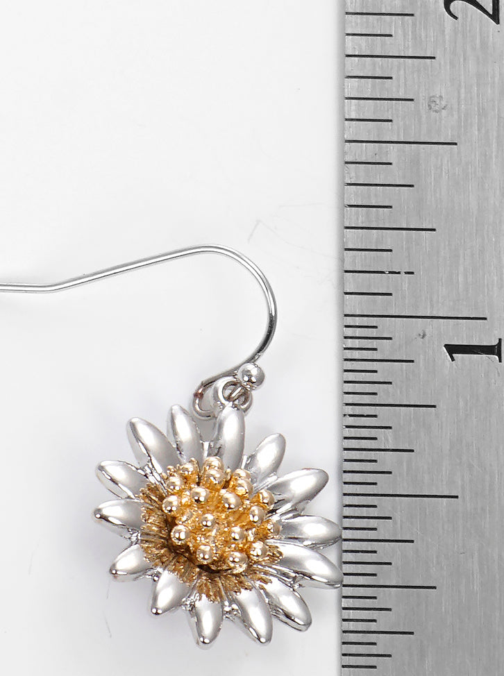 Two Tone Metal Floral Flower Dangle Drop Earrings
