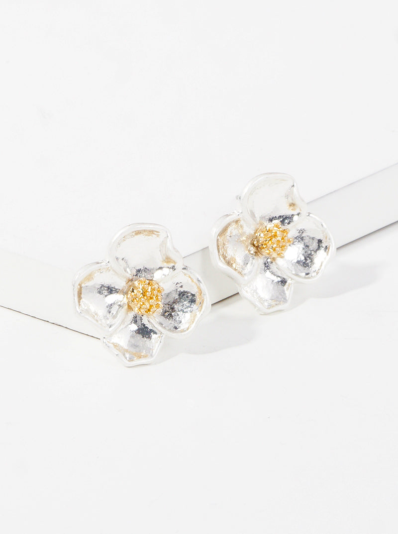 Two Tone Metal Floral Flower Post Stud Earrings