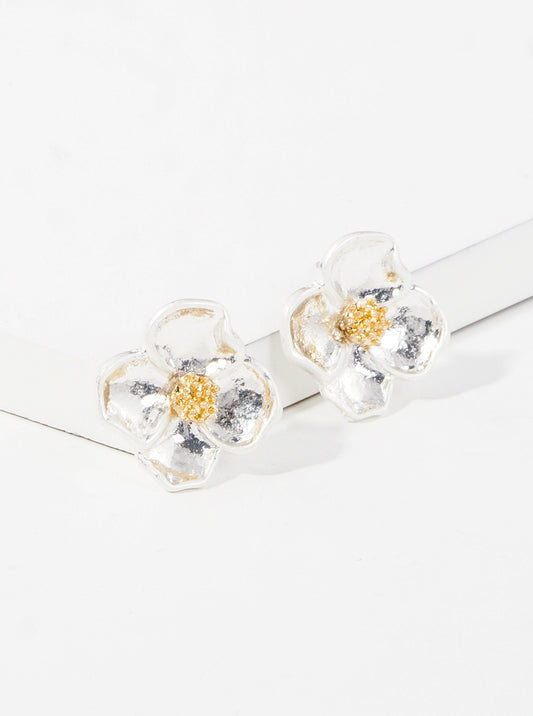 Two Tone Metal Floral Flower Post Stud Earrings