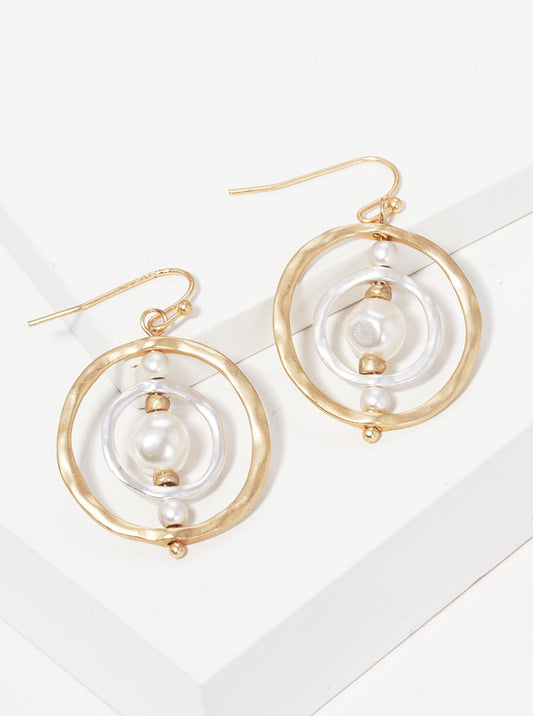 Two Tones Hammered Metal Double Round Drop Earrings