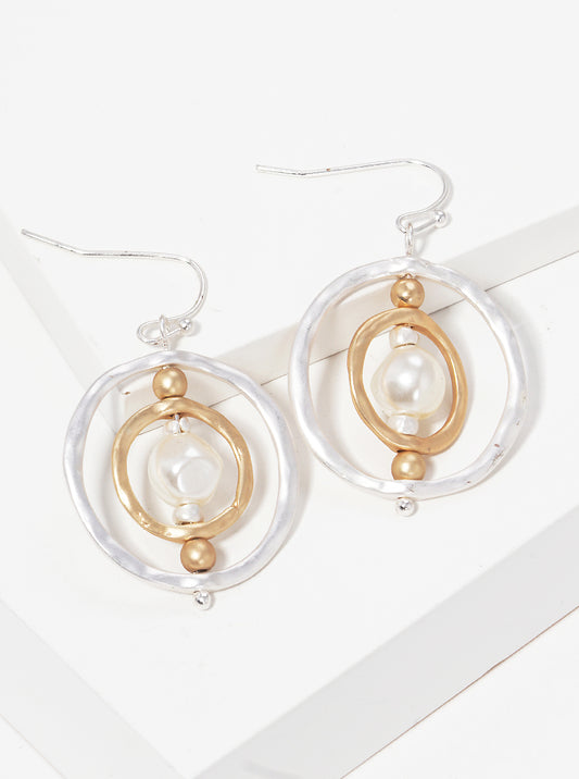 Two Tones Hammered Metal Double Round Drop Earrings