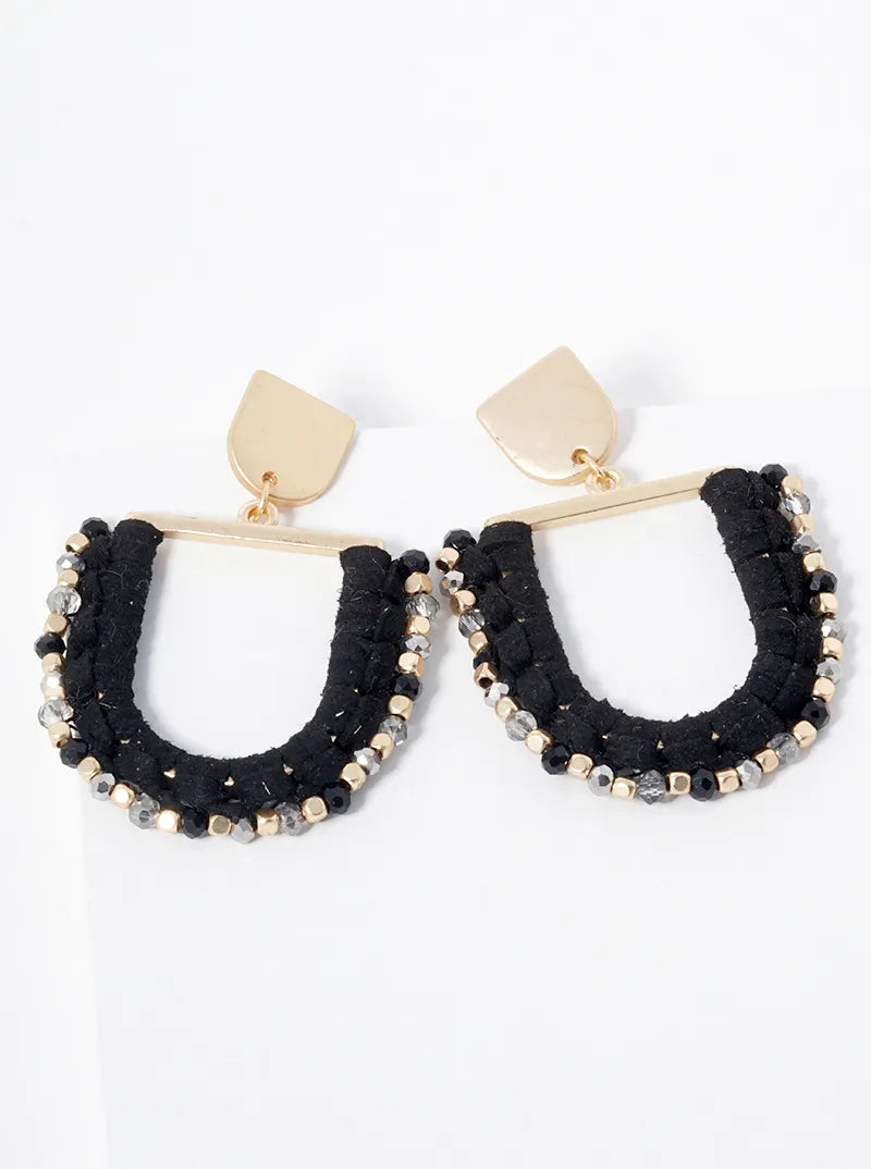 U Shaped Suede Wrapped Beads Dangle Drop Post Earrings