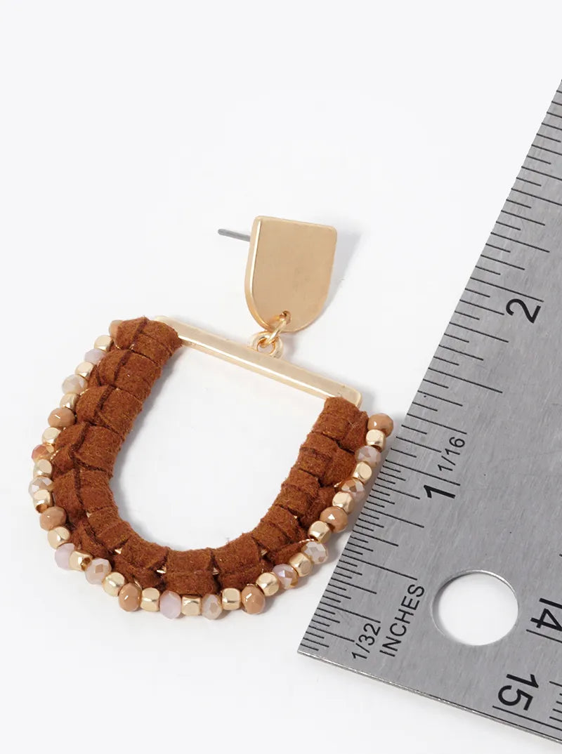 U Shaped Suede Wrapped Beads Dangle Drop Post Earrings