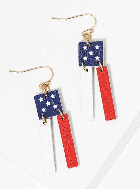 USA American Patriotic Wooden Square Bar Drop Dangle Earrings