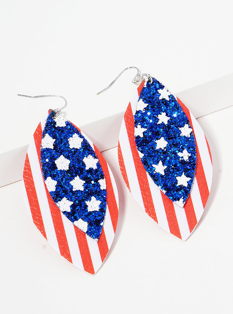 USA Flag Marquise Shape Patriotic Leatherette Dangle Drop Earrings