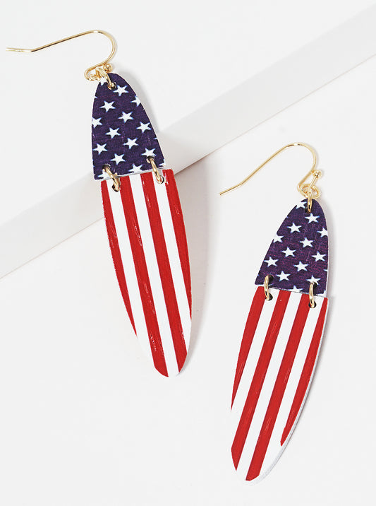 USA Flag Printed Wooden Oval Dangle Drop Earrings