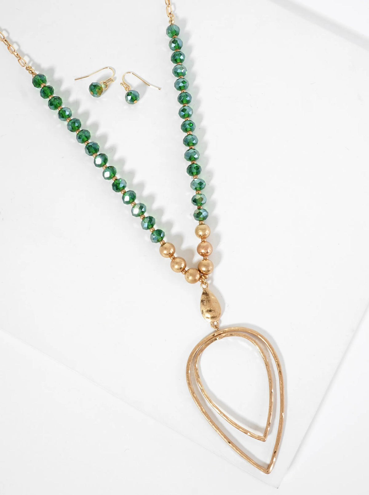 Upside Down Double Teardrop Pendant Glass Beaded 30 Inch Long Necklace