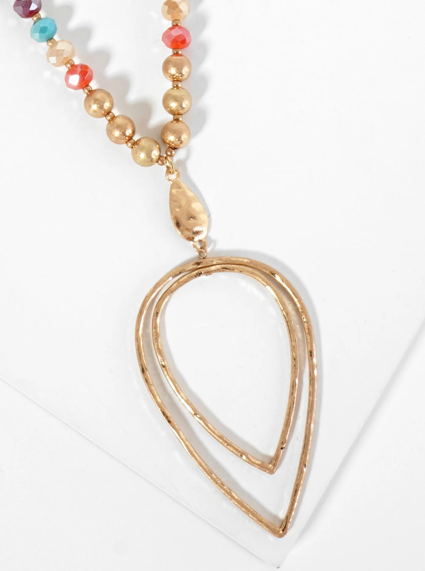 Upside Down Double Teardrop Pendant Glass Beaded 30 Inch Long Necklace