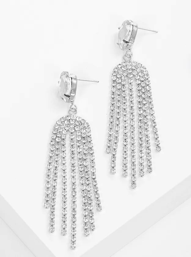 Upside Down Teardrop Rhinestone Fringe Chandelier Earrings