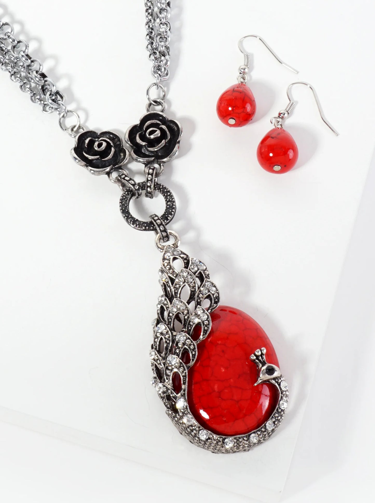 Vintage Peacock Pendant Necklace Surrounded By Semi-Precious Stone Set-with-Earrings
