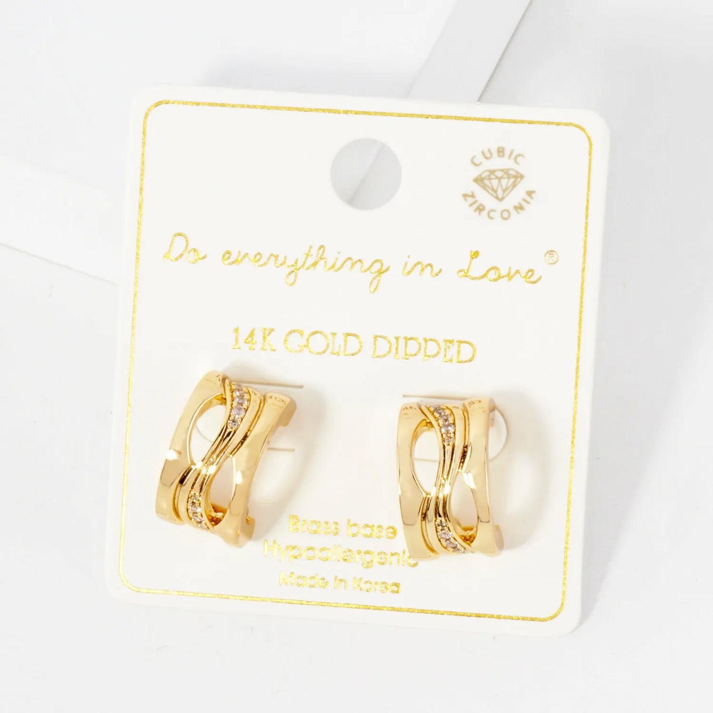 Wave CZ Center 18mm 14K-Gold-Dipped Push-Back Hoop Earrings
