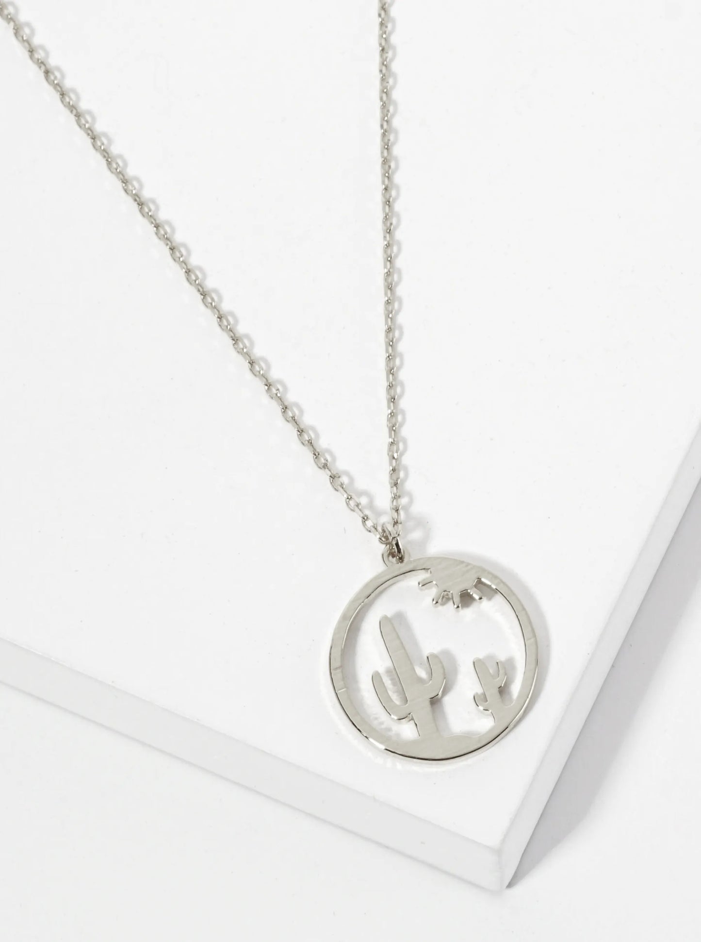 Western-Inspired Brushed-Texture 18K-Gold-Dipped Cutout Cactus Circle Pendant Necklace