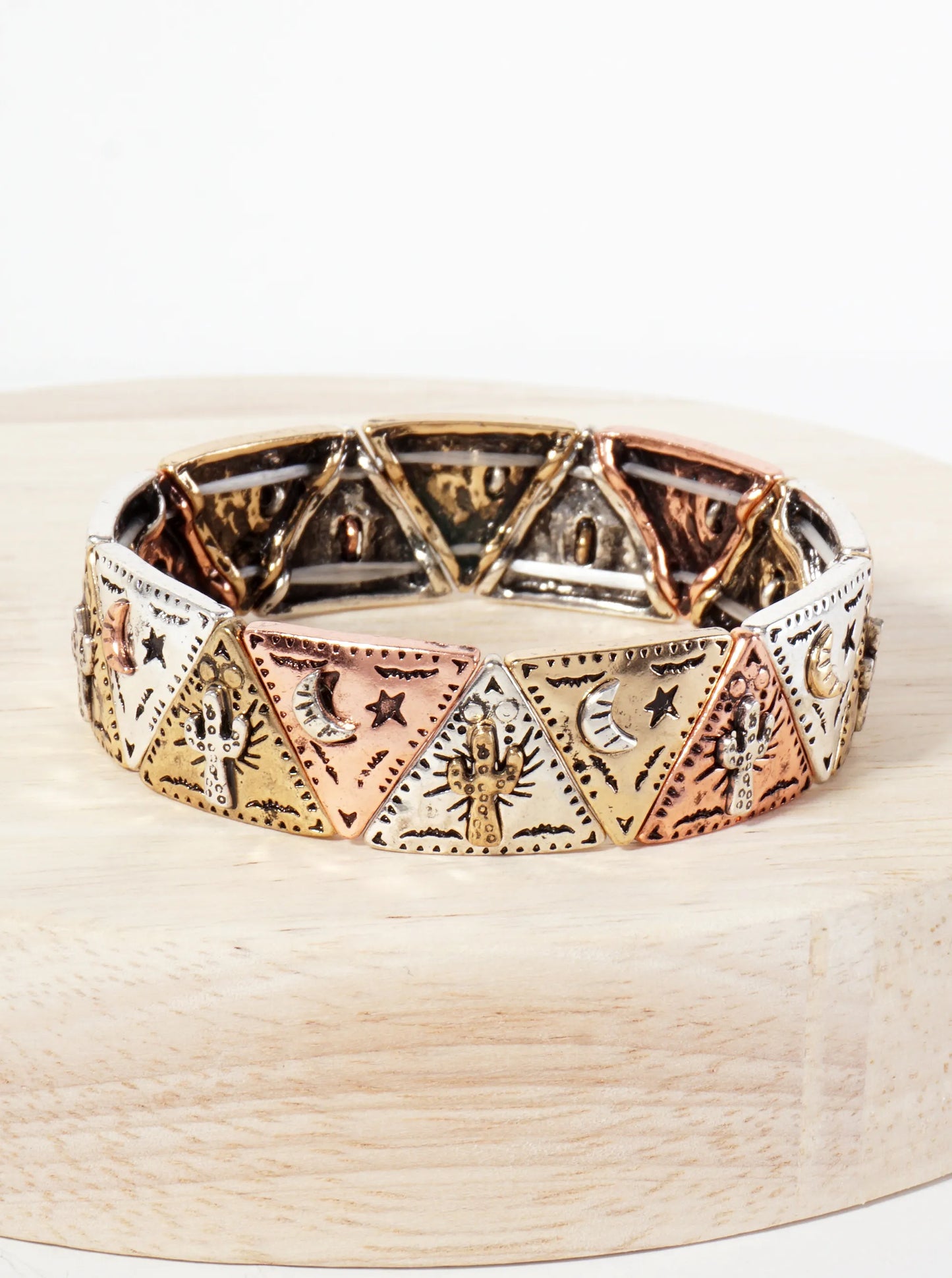 Western-Inspired Cactus Stars Engraved Upside-Down Triangle Geometric Stretch Bracelet