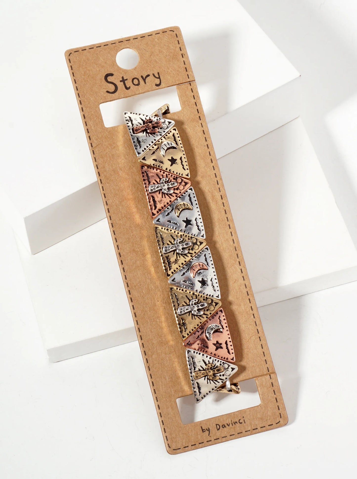 Western-Inspired Cactus Stars Engraved Upside-Down Triangle Geometric Stretch Bracelet