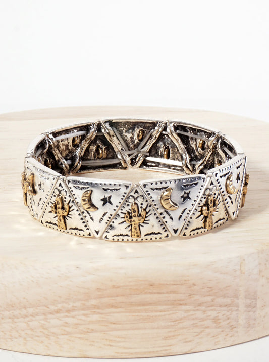 Western-Inspired Cactus Stars Engraved Upside-Down Triangle Geometric Stretch Bracelet