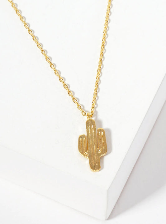 Western-Theme 18K-Gold-Dipped Brushed-texture Cactus Pendant Necklace