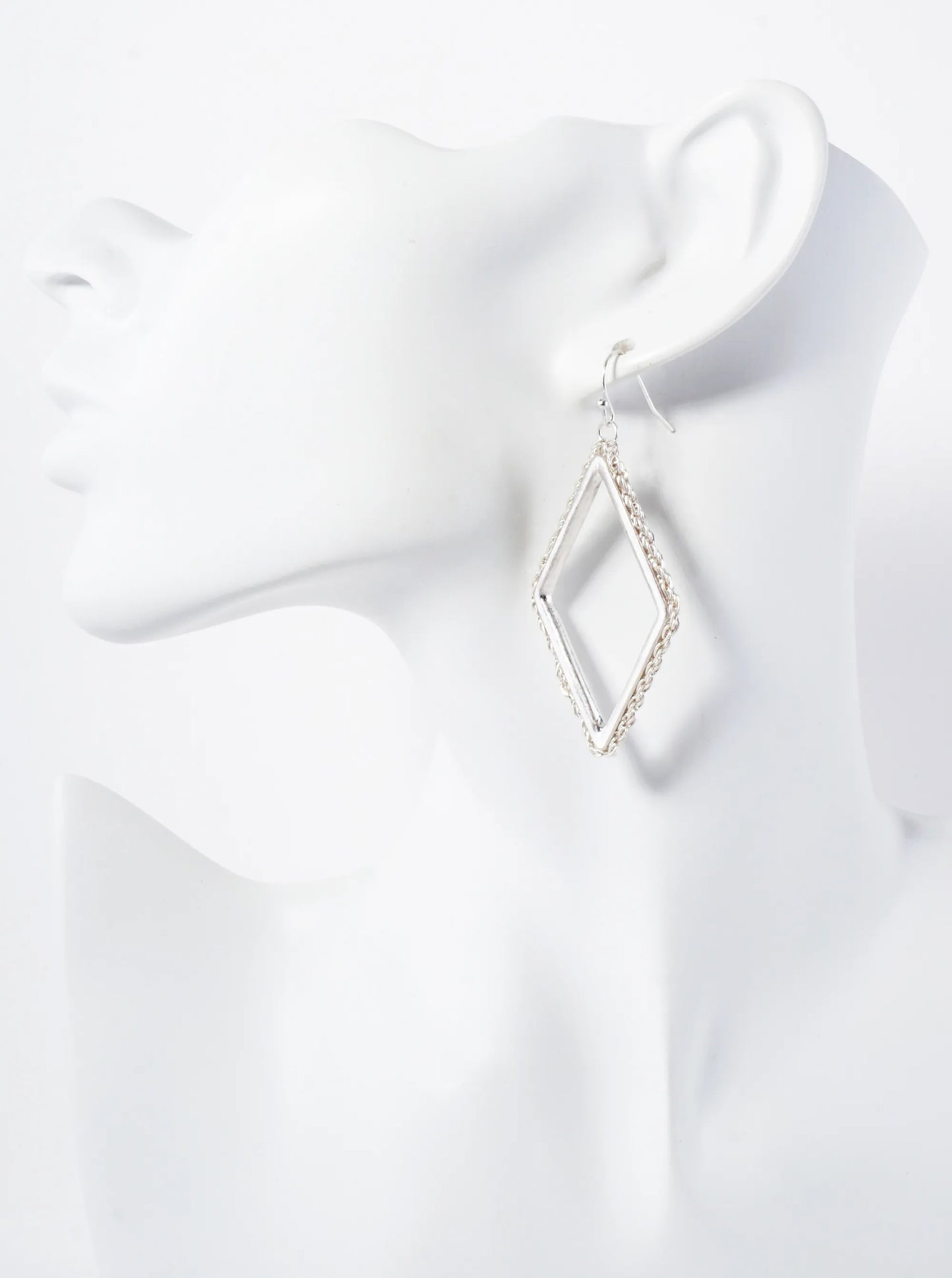 Wheat-Chain Wrapped Metal Diamond-Shaped Dangle Earrings