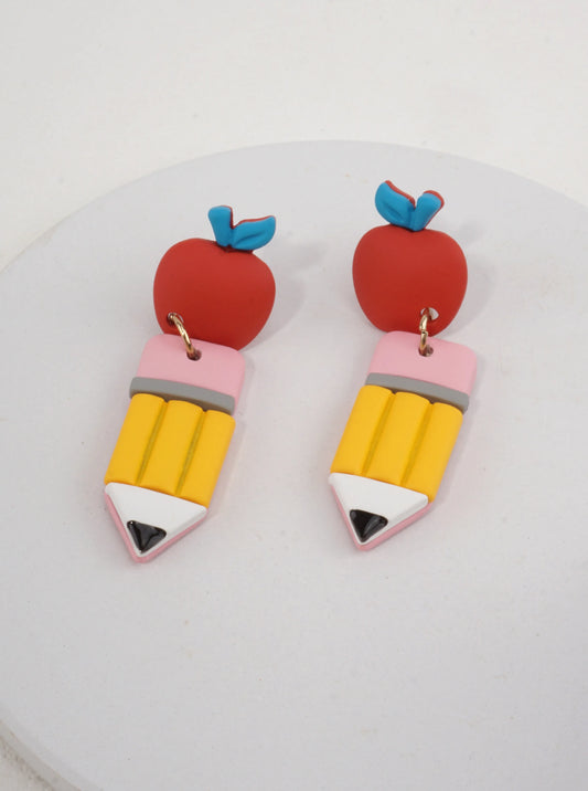 Whimsical Apple & Pencil Dangle Earrings