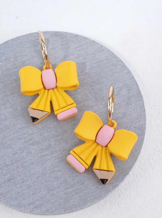 Whimsical Pencil Bow Huggie Earrings