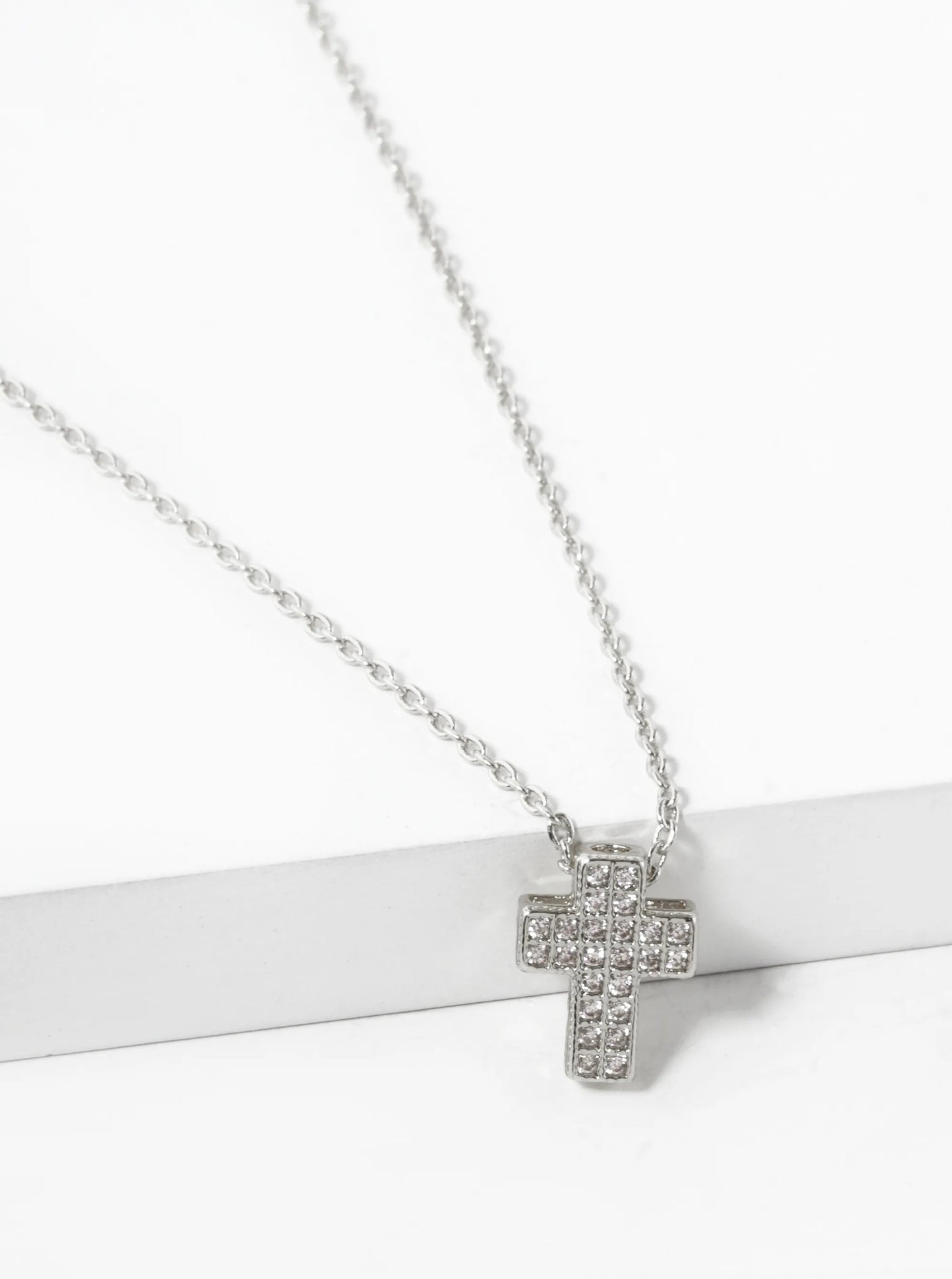 White Gold Dipped 10mm Pave Cubic Zirconia Cross Pendant Necklace
