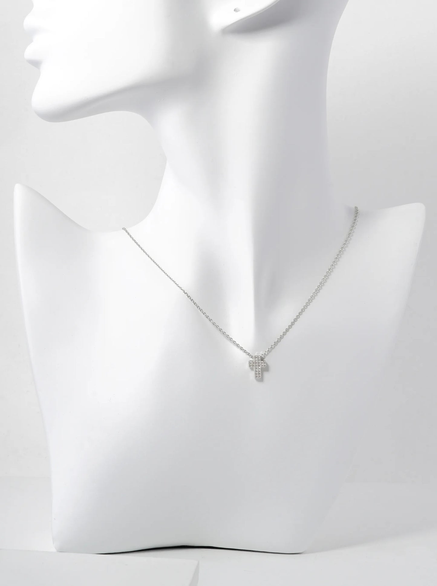White Gold Dipped 10mm Pave Cubic Zirconia Cross Pendant Necklace