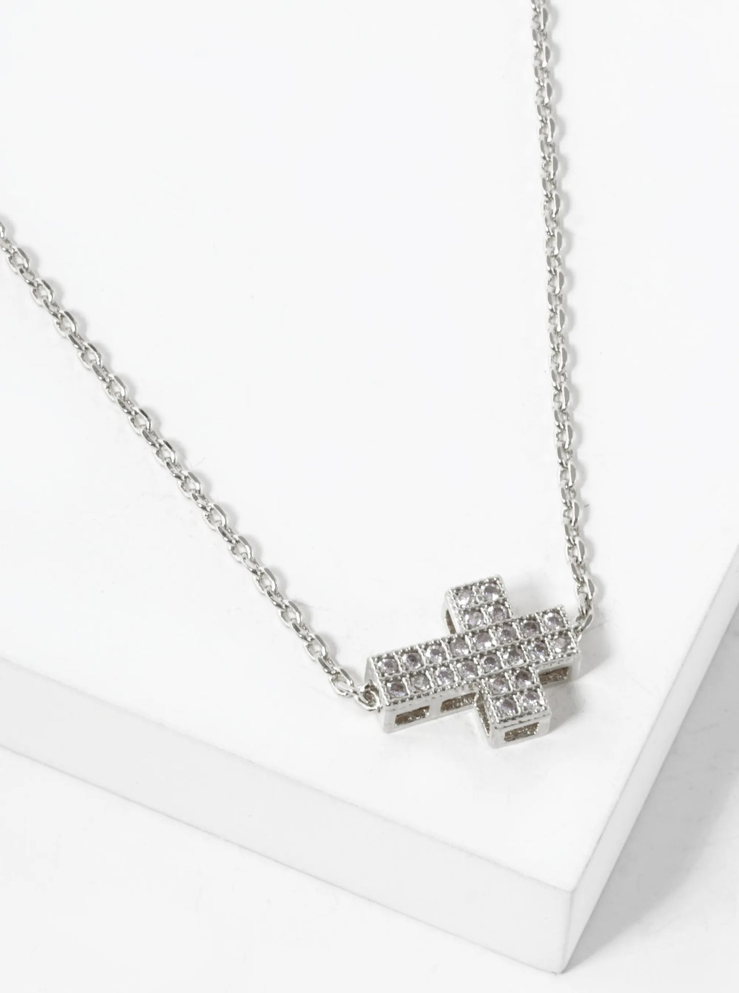 White Gold Dipped 10mm Sideways Pave Cubic Zirconia Cross Pendant Necklace