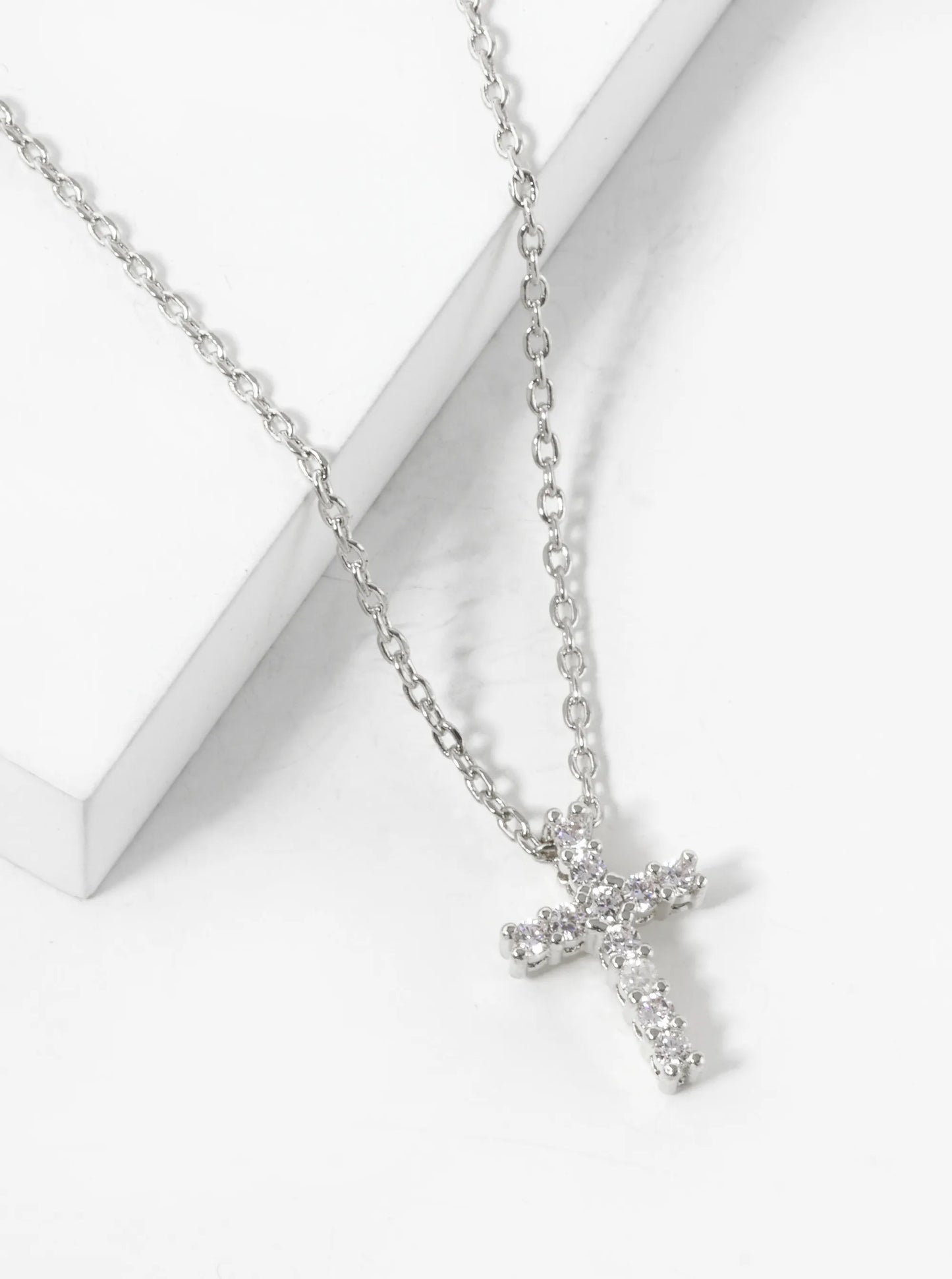 White Gold Dipped 11mm Pave Cubic Zirconia Cross Pendant Necklace