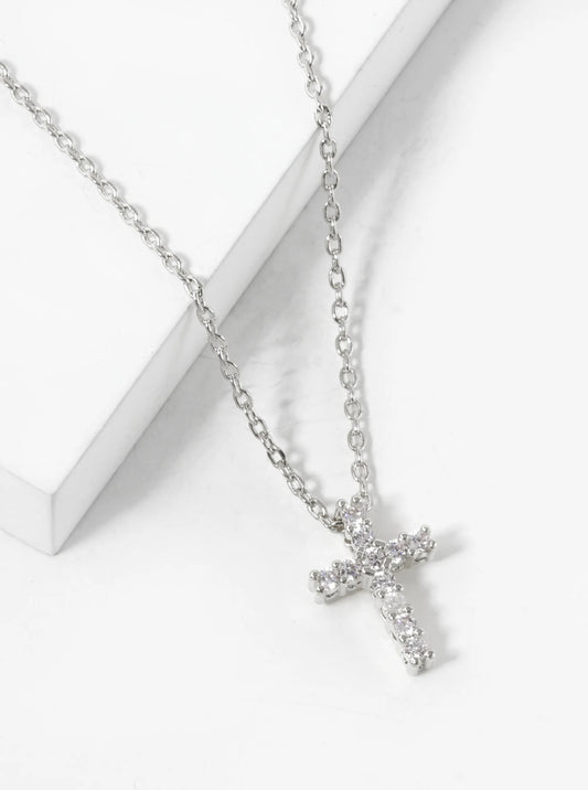 White Gold Dipped 11mm Pave Cubic Zirconia Cross Pendant Necklace