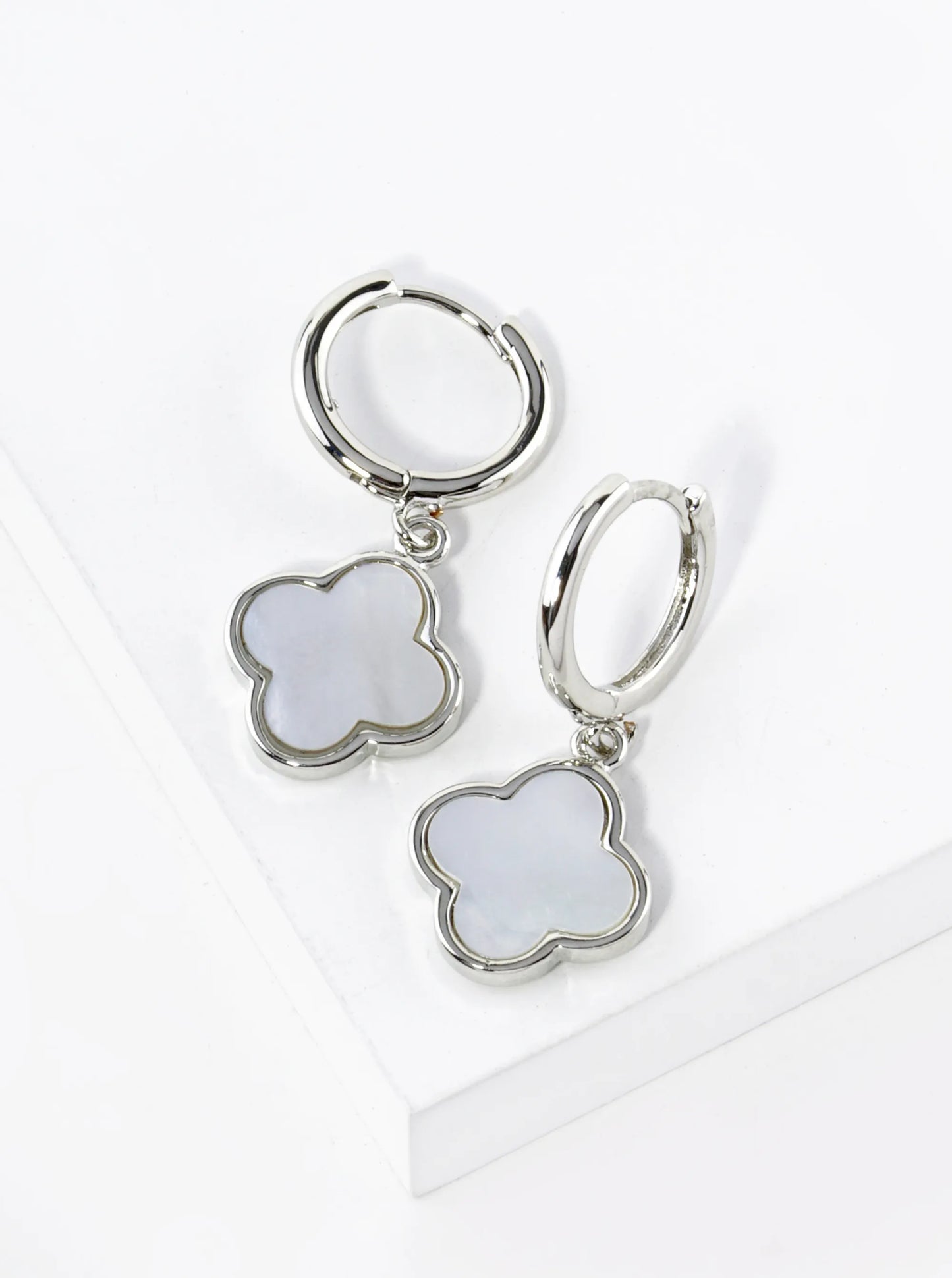 White Gold Dipped 11mm Quatrefoil Drop 10mm Huggie Hoop Earrings