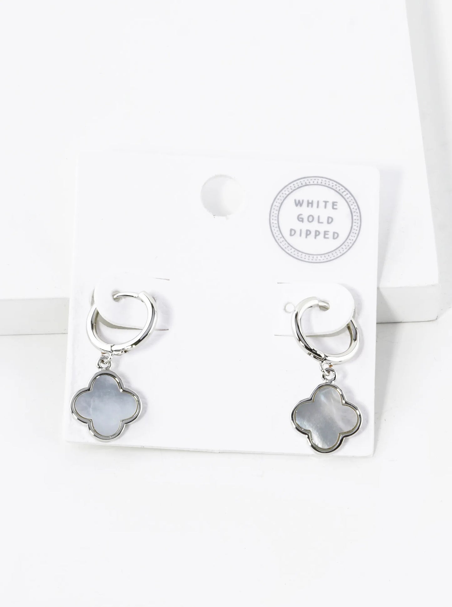 White Gold Dipped 11mm Quatrefoil Drop 10mm Huggie Hoop Earrings