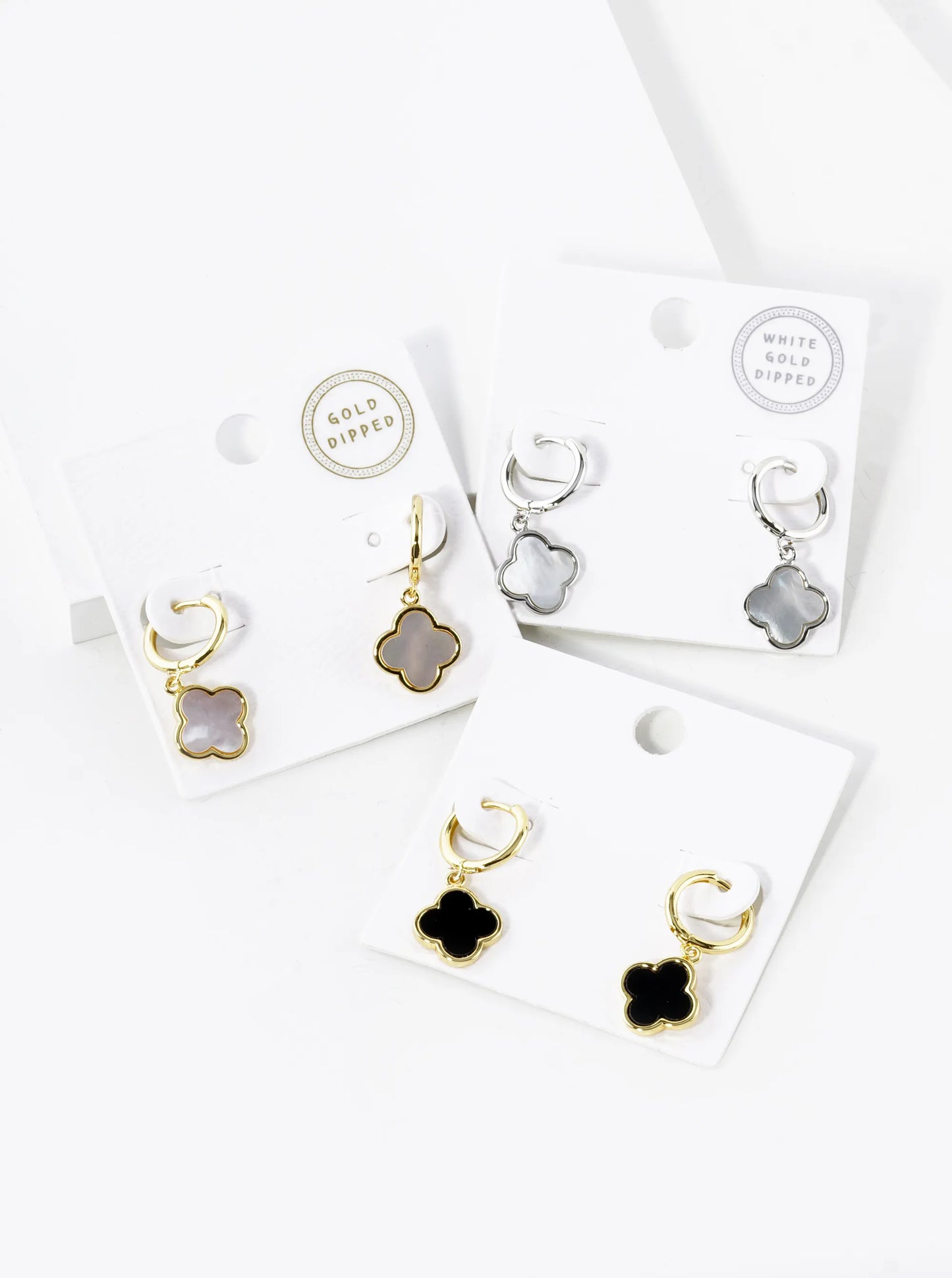 White Gold Dipped 11mm Quatrefoil Drop 10mm Huggie Hoop Earrings
