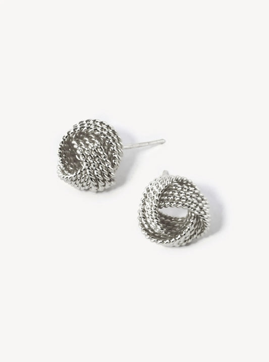 White Gold Dipped 11mm Textured Brass Love Knot Stud Earrings