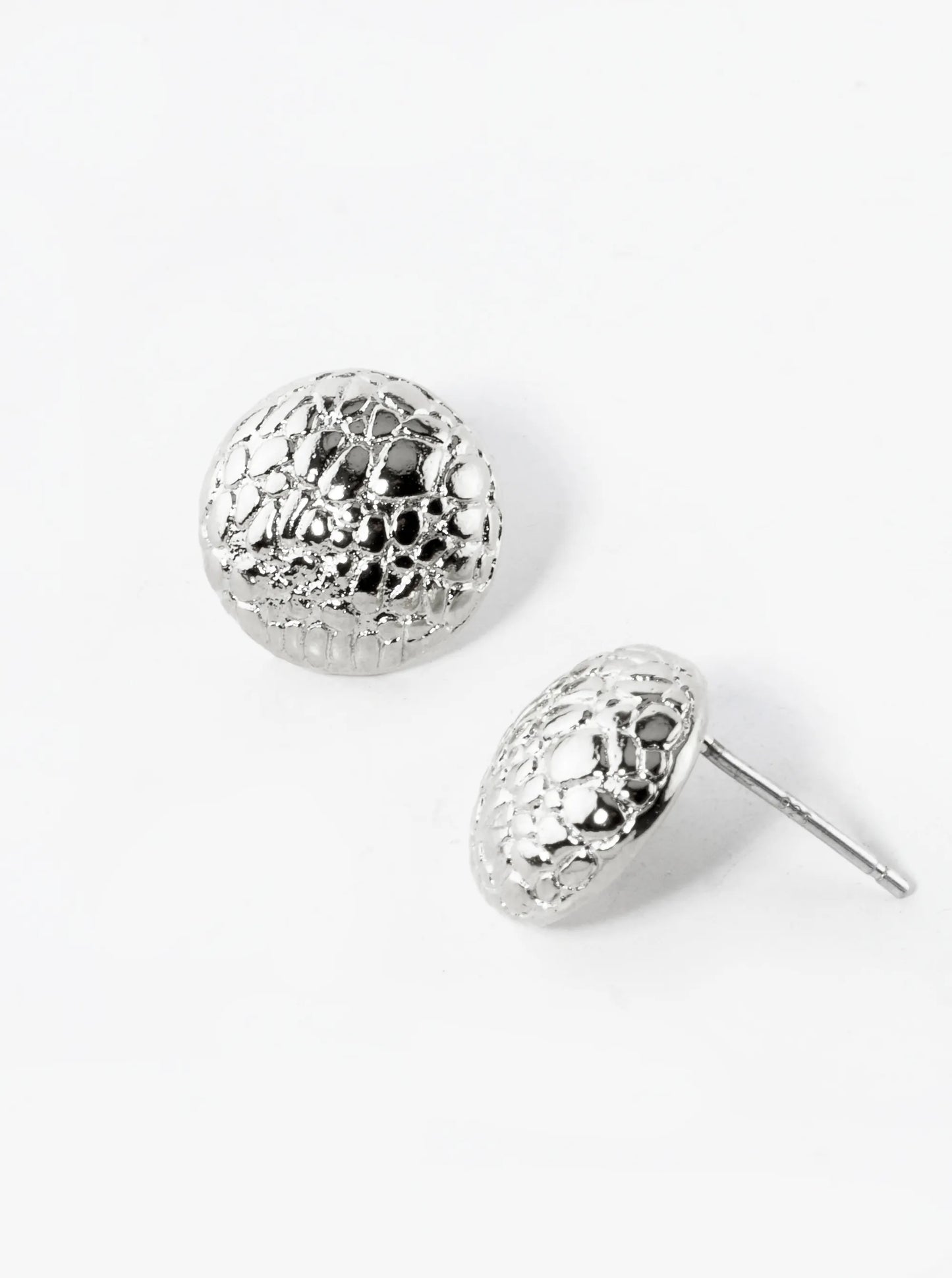 White Gold Dipped 12mm Animal Pattern Textured Button Stud Earrings