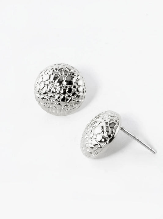 White Gold Dipped 12mm Animal Pattern Textured Button Stud Earrings