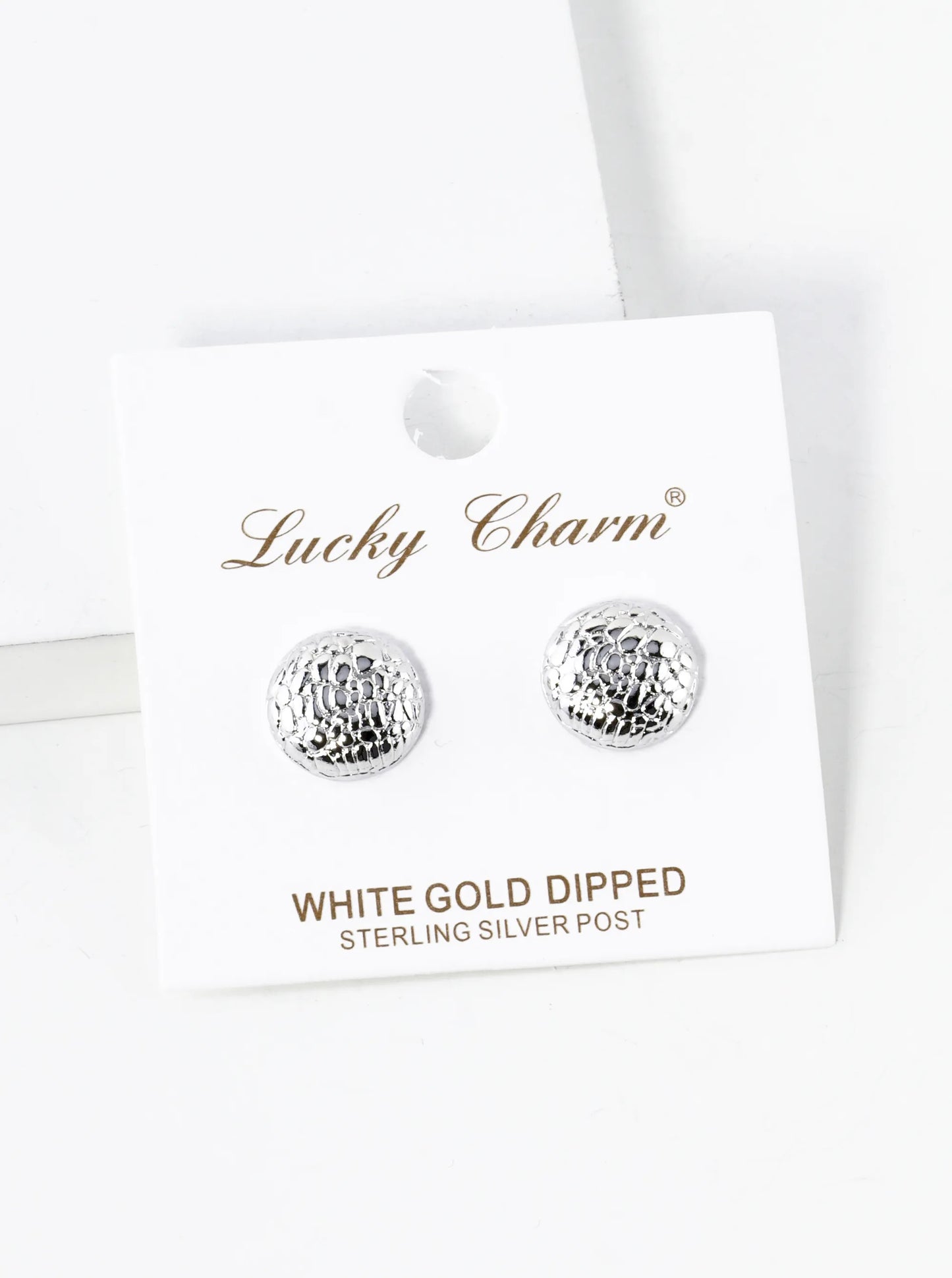 White Gold Dipped 12mm Animal Pattern Textured Button Stud Earrings