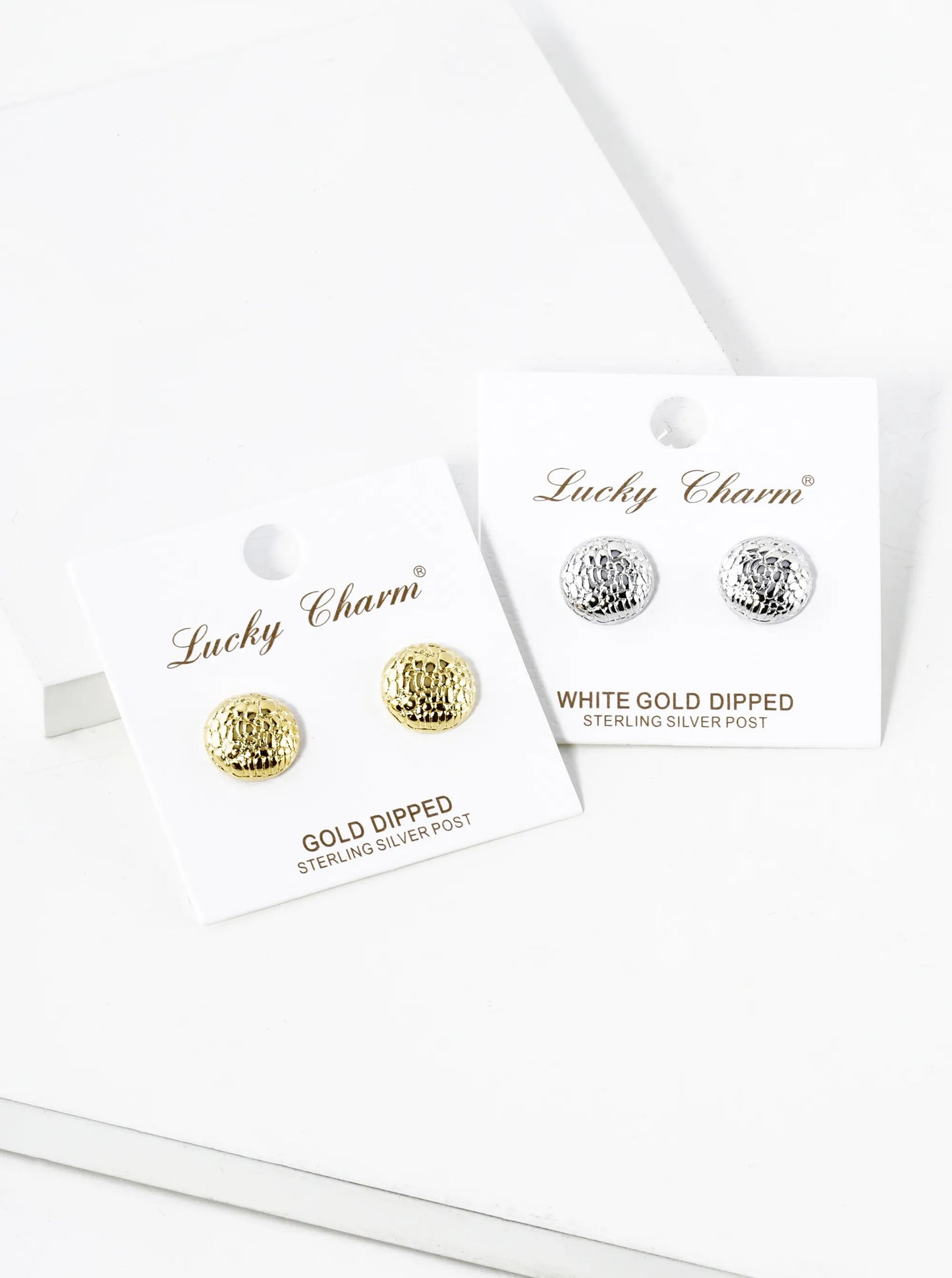 White Gold Dipped 12mm Animal Pattern Textured Button Stud Earrings
