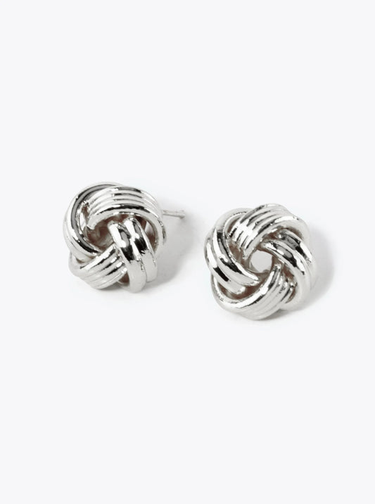 White Gold Dipped 13mm Textured Brass Love Knot Stud Earrings