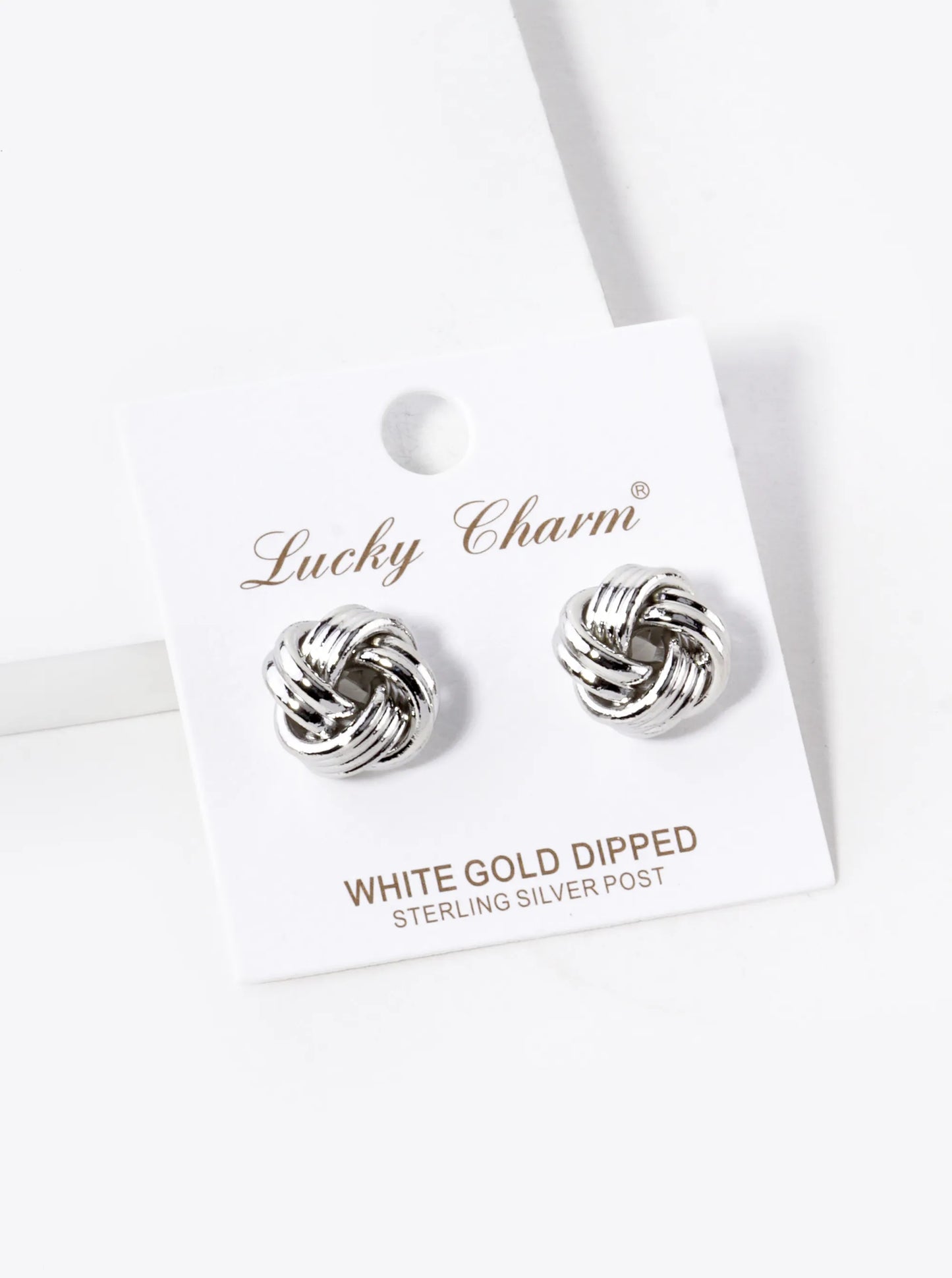 White Gold Dipped 13mm Textured Brass Love Knot Stud Earrings