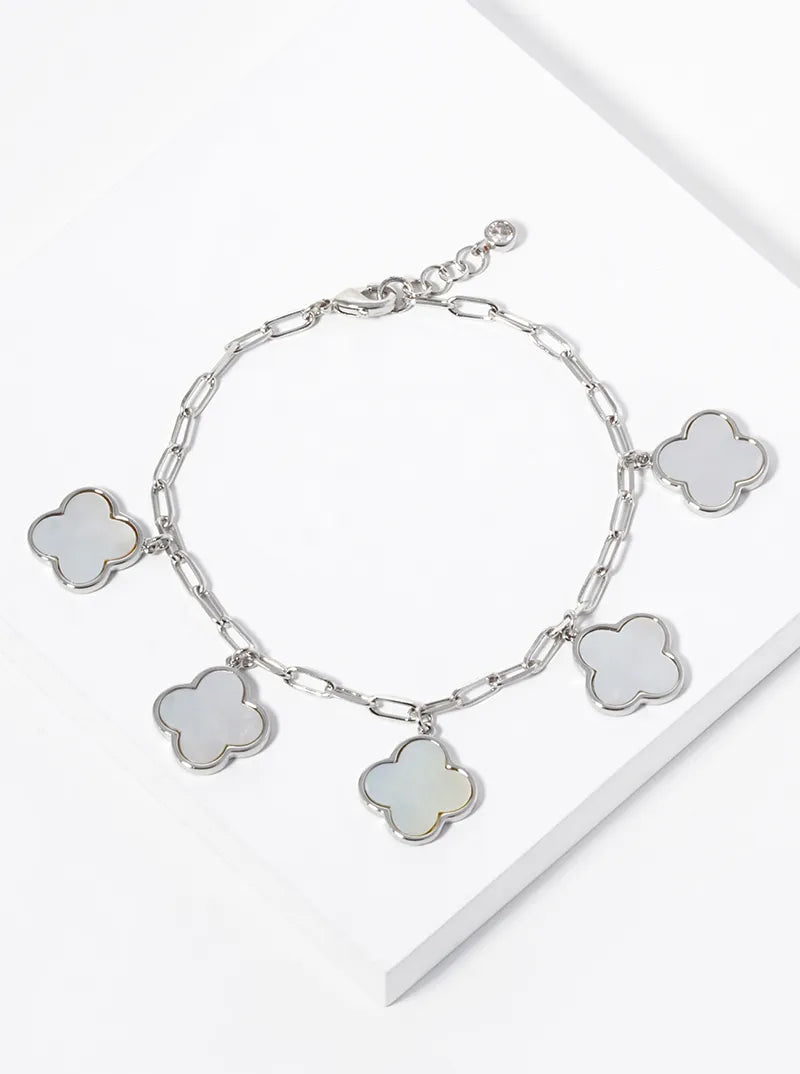 White Gold Dipped 14mm Five Quatrefoil Charms Chain Bracelet